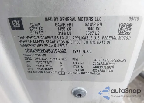 2011 Chevrolet Traverse Ls from USA, damaged, VIN 1GNKREED0BJ194332